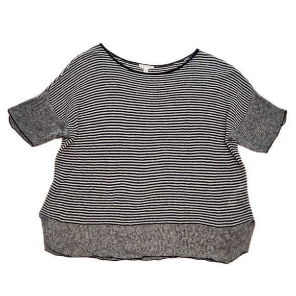 Eileen Fisher Organic Linen Short Sleeve Sweater Womens Size 2X Black Stripe - Picture 1 of 10